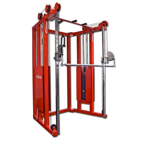 The Legend Fitness 953 Functional Trainer Machine by Legend Fitness is a red cable crossover unit with adjustable pulleys, weight stacks, a sturdy metal frame, and multiple attachment points for versatile strength training.