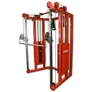 The Legend Fitness 953 Functional Trainer Machine by Legend Fitness is a red cable crossover unit with adjustable pulleys, weight stacks, and handles for strength training, shown against a plain white background.