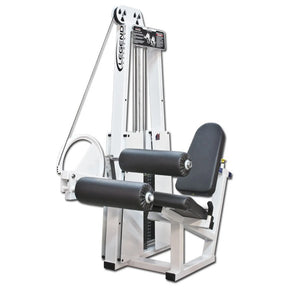 The Legend Fitness 956 Seated Leg Curl Machine by Legend Fitness features a white and black design, padded seat and backrest, leg rollers, and adjustable weights via side pin system for gym workouts.