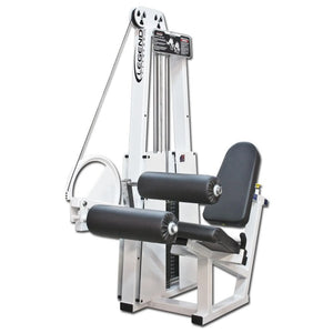 The Legend Fitness 956 Seated Leg Curl Machine by Legend Fitness features a white and black design, padded seat and backrest, leg rollers, and adjustable weights via side pin system for gym workouts.