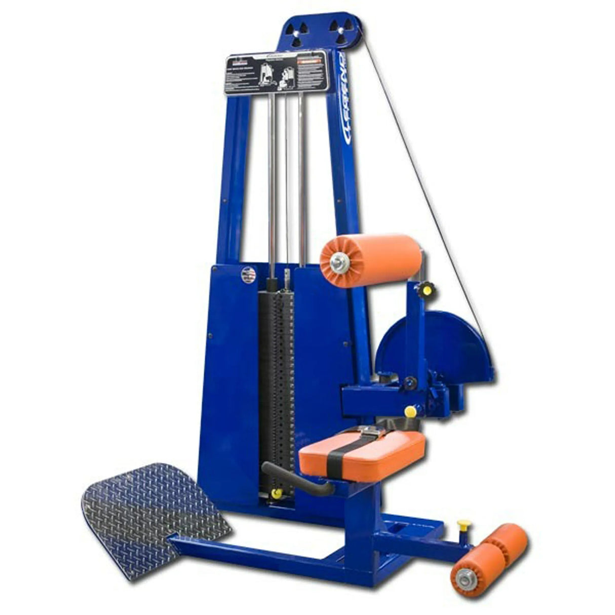 The Legend Fitness 957 Low Back / Ab Combo Machine by Legend Fitness features padded rollers, a weight stack, footplate, and instructional placard on top for effective seated lower body and abdominal exercises.