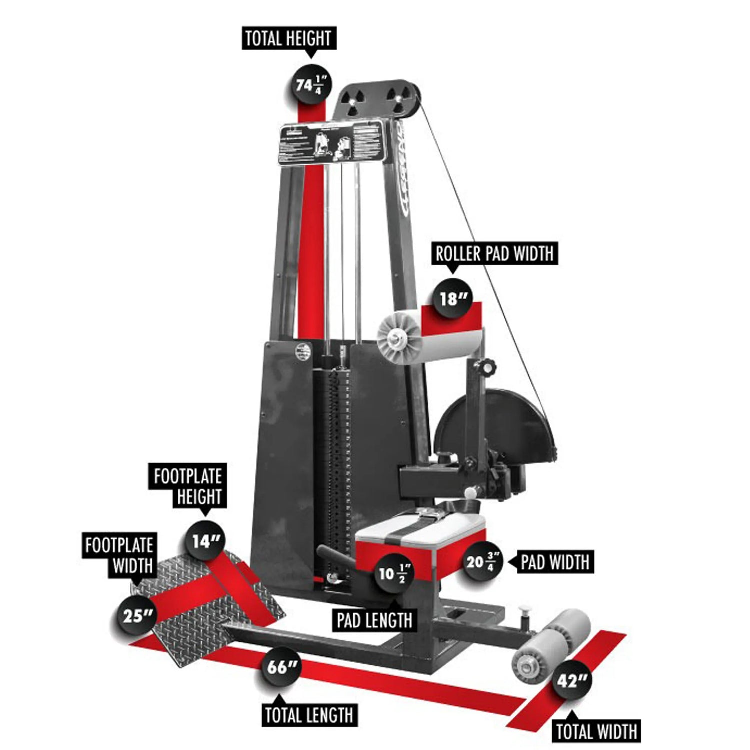 The Legend Fitness 957 Low Back / Ab Combo Machine by Legend Fitness is a black gym machine featuring measurement labels: total height 74, roller pad width 18, pad width 20, pad length 10.5, total length 66, total width 42, footplate width 25, and height 14.