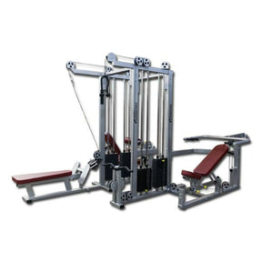 The Legend Fitness 958 Four-Stack Jungle Gym by Legend Fitness features cables, pulleys, weight stacks, and padded benches for diverse strength training exercises, pictured against a plain white background.