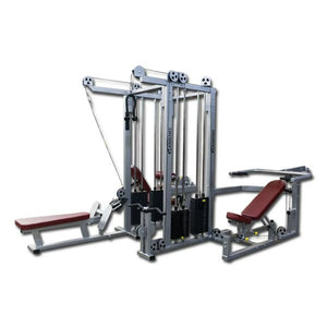 The Legend Fitness 958 Four-Stack Jungle Gym by Legend Fitness features cables, pulleys, weight stacks, and padded benches for diverse strength training exercises, pictured against a plain white background.