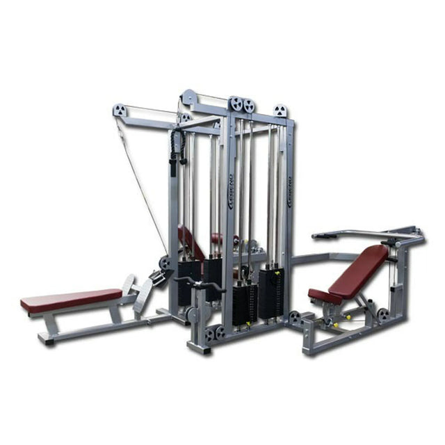 The Legend Fitness 958 Four-Stack Jungle Gym by Legend Fitness features cables, pulleys, weight stacks, and padded benches for diverse strength training exercises, pictured against a plain white background.