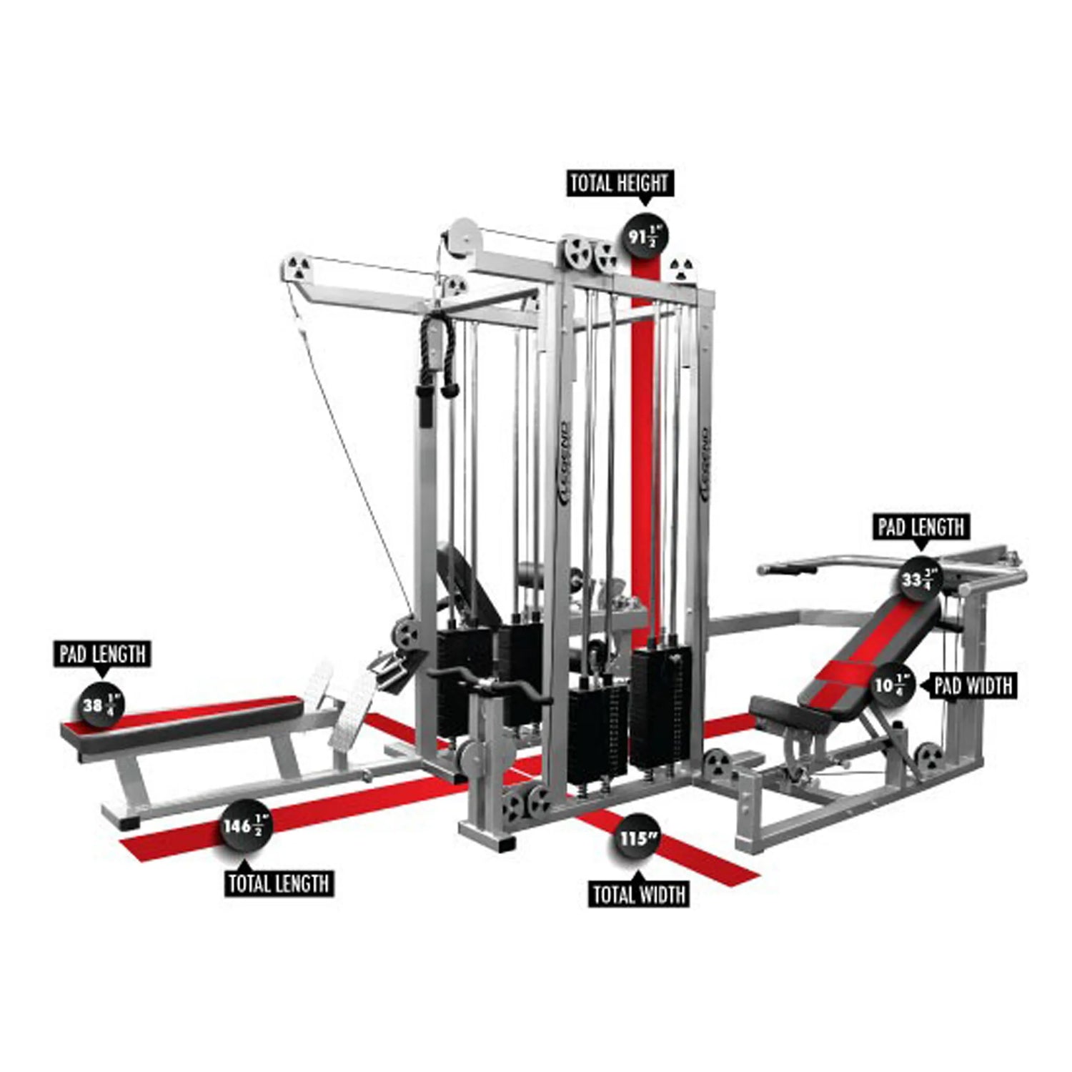 The Legend Fitness 958 Four-Stack Jungle Gym by Legend Fitness is shown with benches and weights, featuring labeled dimensions for pad length, total length, width, height, and pad width highlighted in red and white text and lines.