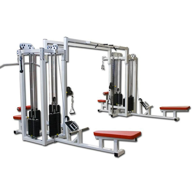The Legend Fitness 959 Eight-Stack Jungle Gym by Legend Fitness features red padded seats, white metal frames, and multiple pulleys, weight stacks, and handles for comprehensive strength training.