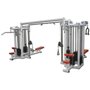 The Legend Fitness 959 Eight-Stack Jungle Gym by Legend Fitness features red padded seats, multiple weight stacks, and supports various strength exercises. Shown against a white background.