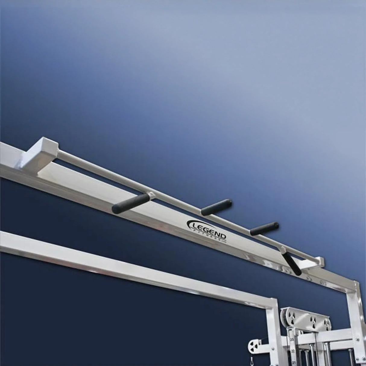 The Legend Fitness 959 Eight-Stack Jungle Gym features a silver multi-grip pull-up bar with four black handles, attached to a metal frame bearing the Legend Fitness logo, set against a blue gradient background.
