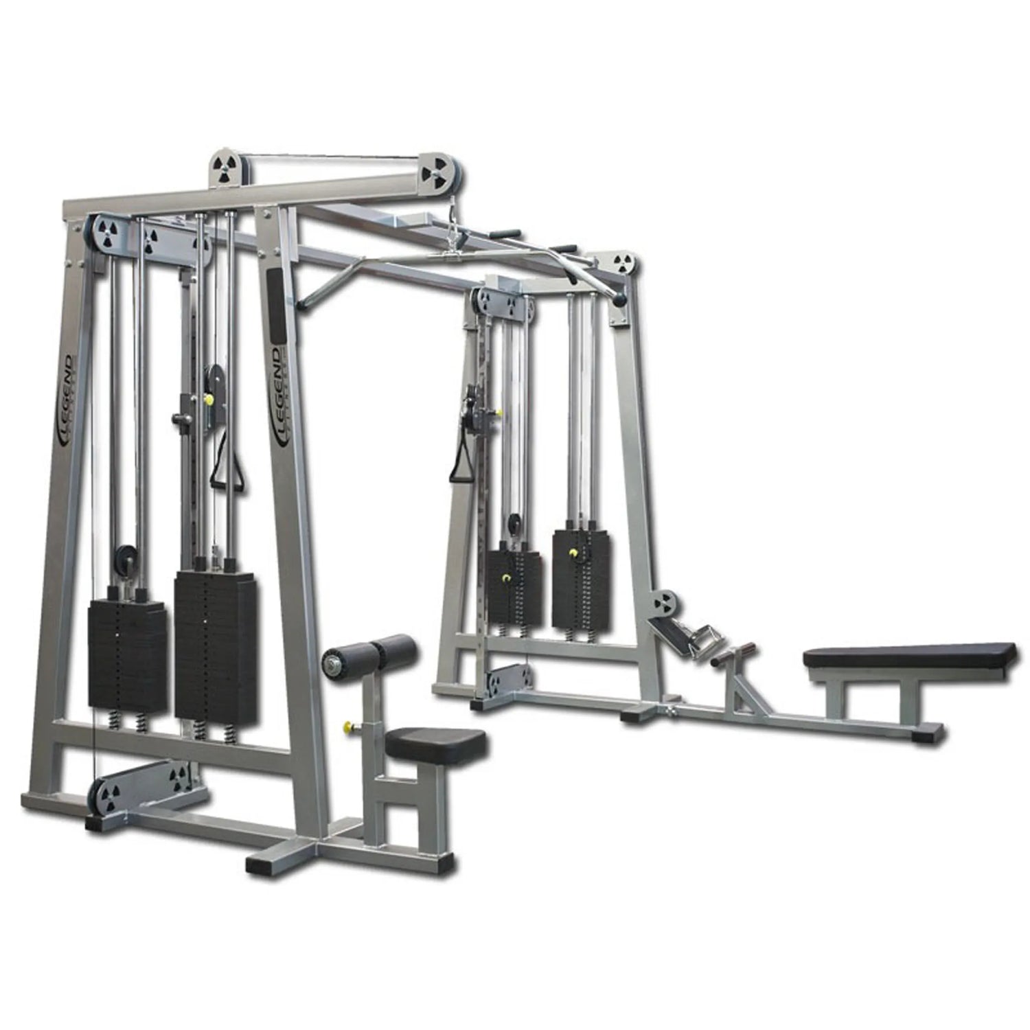 The Legend Fitness 960 Cable Crossover Plus Machine by Legend Fitness features pulleys, weight stacks, cables, and multiple attachments for strength training exercises, shown on a plain white background.