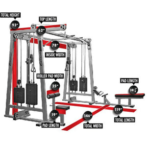 Diagram of the Legend Fitness 960 Cable Crossover Plus Machine by Legend Fitness with labeled dimensions, including 93” total height, various part sizes, and overall setup width (146”) and length (119”).
