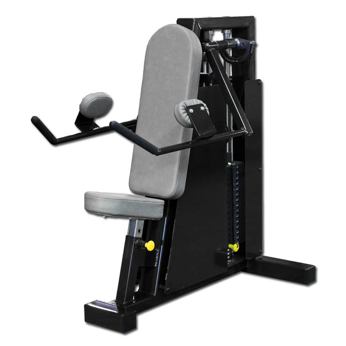 The Legend Fitness 962 Lateral Raise Machine by Legend Fitness is a black and gray seated gym machine with padded backrest, seat, and arm supports, designed for upper body workouts, featuring a visible weight stack on the side.