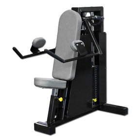 The Legend Fitness 962 Lateral Raise Machine by Legend Fitness is a black and gray seated gym machine with padded backrest, seat, and arm supports, designed for upper body workouts, featuring a visible weight stack on the side.