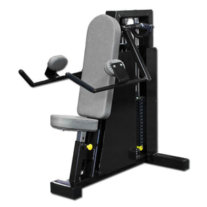 The Legend Fitness 962 Lateral Raise Machine by Legend Fitness is a black and gray seated gym machine with padded backrest, seat, and arm supports, designed for upper body workouts, featuring a visible weight stack on the side.