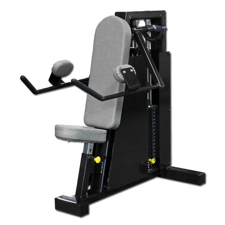 The Legend Fitness 962 Lateral Raise Machine by Legend Fitness is a black and gray seated gym machine with padded backrest, seat, and arm supports, designed for upper body workouts, featuring a visible weight stack on the side.