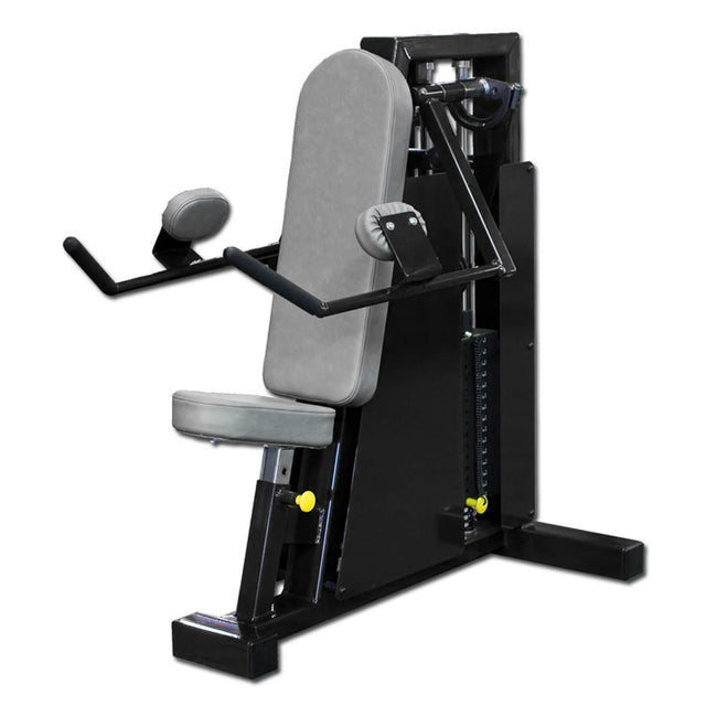 The Legend Fitness 962 Lateral Raise Machine by Legend Fitness is a black and gray seated gym machine with padded backrest, seat, and arm supports, designed for upper body workouts, featuring a visible weight stack on the side.