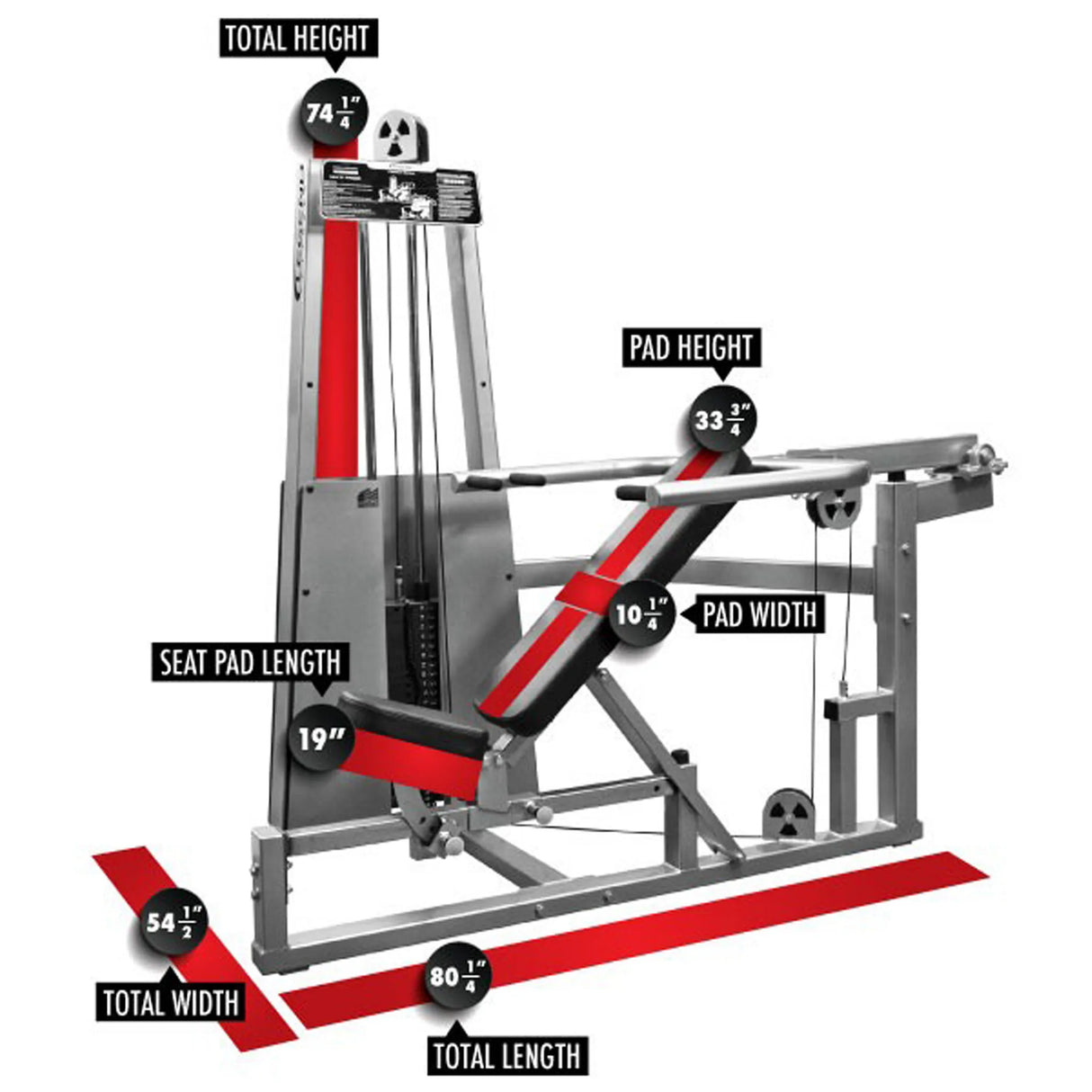 The Legend Fitness 963 Multi-Press Combo Machine by Legend Fitness measures 74.25" high, 54.5" wide, and 80.25" long, with a seat pad length of 19", pad height of 33.5", and pad width of 10.5". Red highlights mark the pad areas.