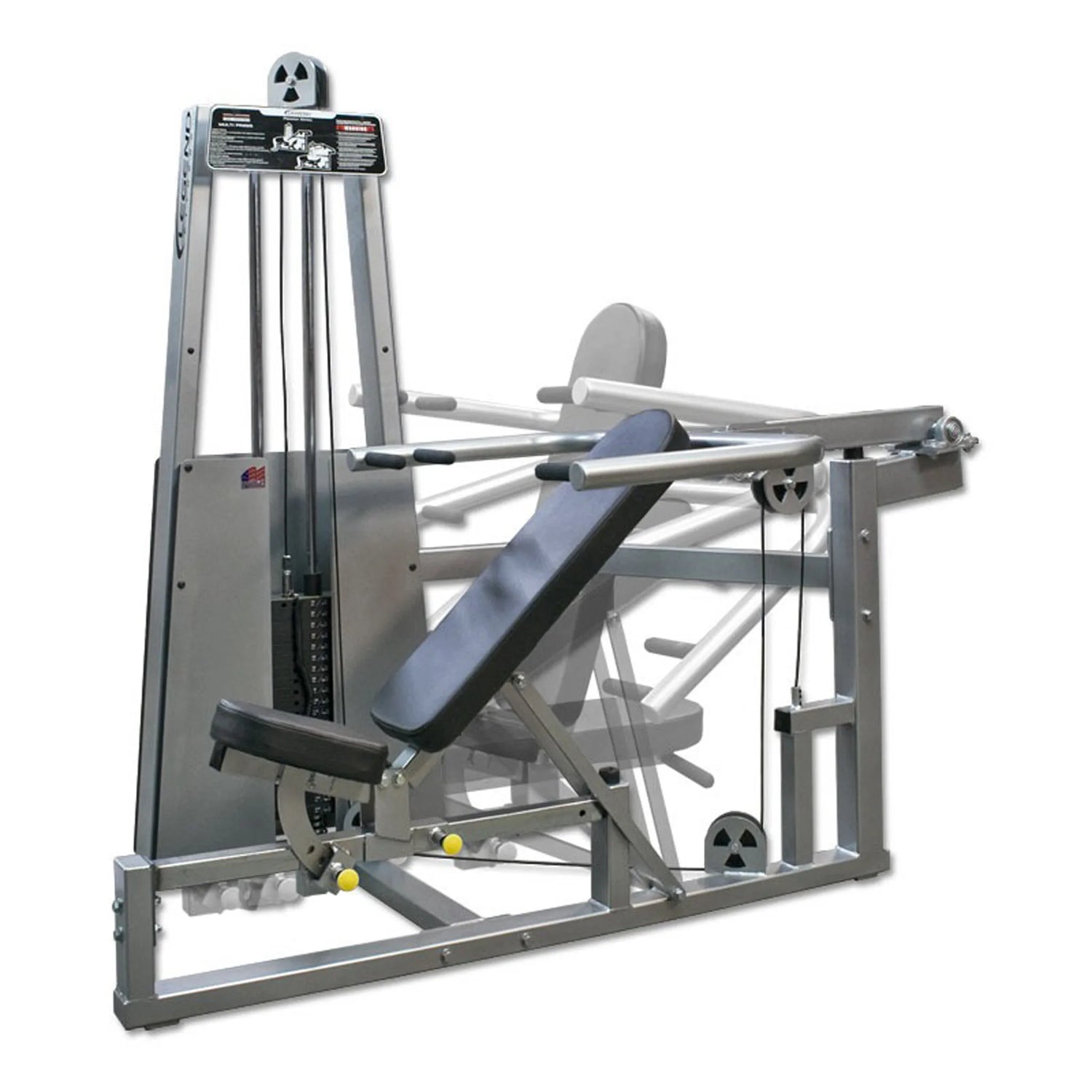 The Legend Fitness 963 Multi-Press Combo Machine by Legend Fitness features a padded seat, backrest, arm handles, weight stack for adjustable resistance, and a durable metallic frame for strength training.