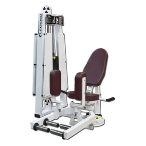 The Legend Fitness 964 Inner / Outer Thigh Combo Machine by Legend Fitness is a white and maroon gym machine with padded seat, leg pads, adjustable weights, and an instructional display for thigh exercises.
