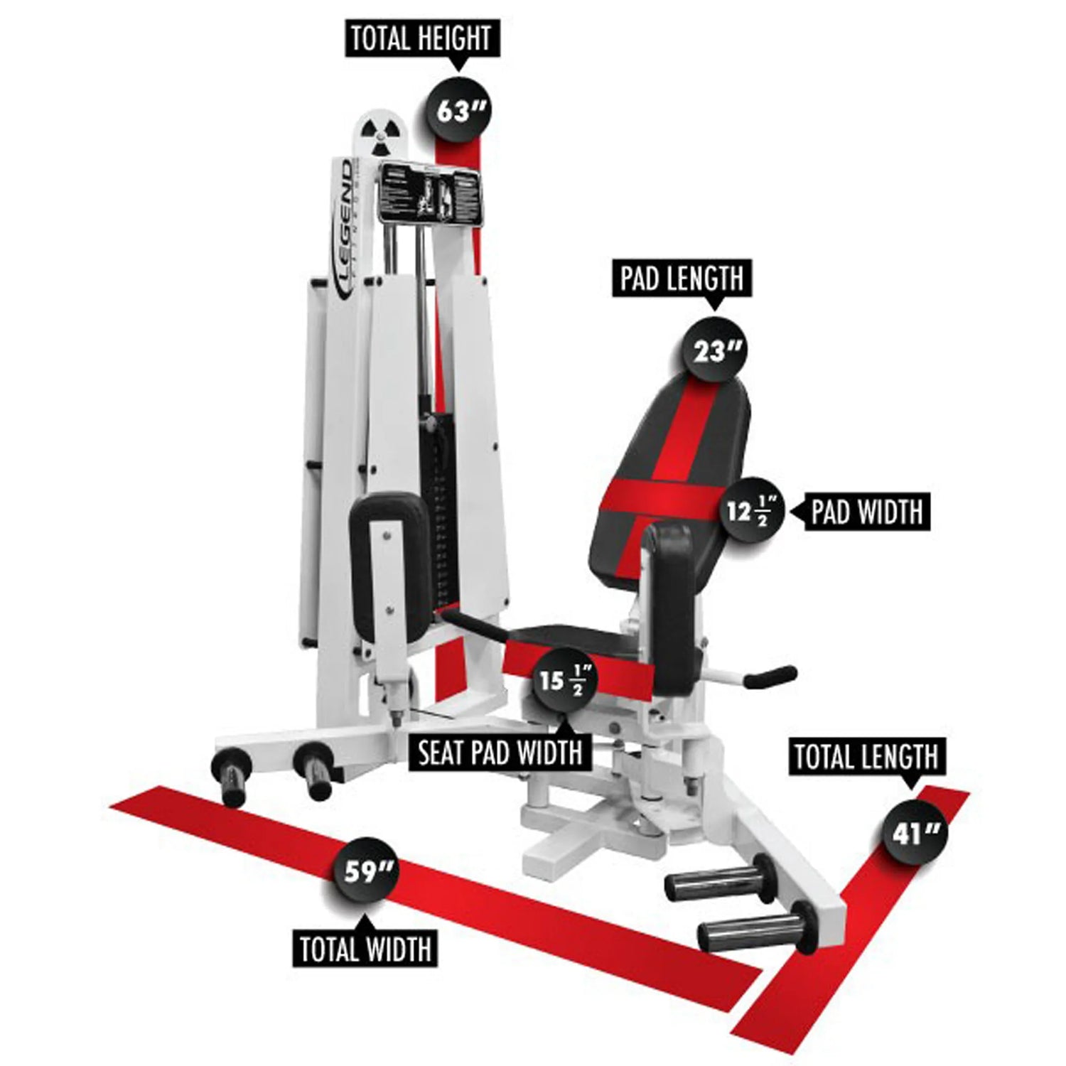 The Legend Fitness 964 Inner / Outer Thigh Combo Machine by Legend Fitness features black pads, a white frame, and these dimensions: total height 63", pad length 23", pad width 12", seat pad width 15.5", length 59", and width 41".