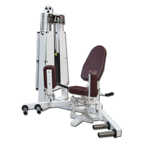 The Legend Fitness 964 Inner / Outer Thigh Combo Machine by Legend Fitness is a white and maroon gym machine with padded seat, backrest, adjustable weights, and instructional diagram, shown against a plain white background.