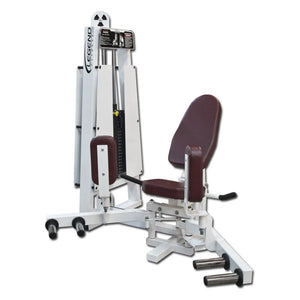 The Legend Fitness 964 Inner / Outer Thigh Combo Machine by Legend Fitness is a white and maroon gym machine with padded seat, backrest, adjustable weights, and instructional diagram, shown against a plain white background.