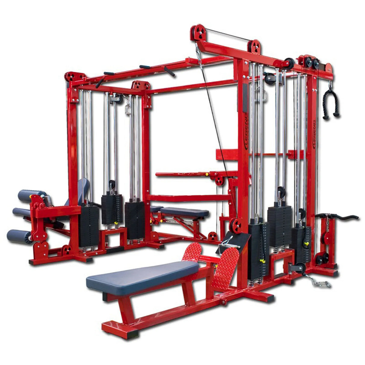 The Legend Fitness 965 Combo Jungle Machine by Legend Fitness is a large red multi-station gym machine featuring various attachments, padded seats, weight stacks, and cables for diverse strength training exercises, set against a white background.