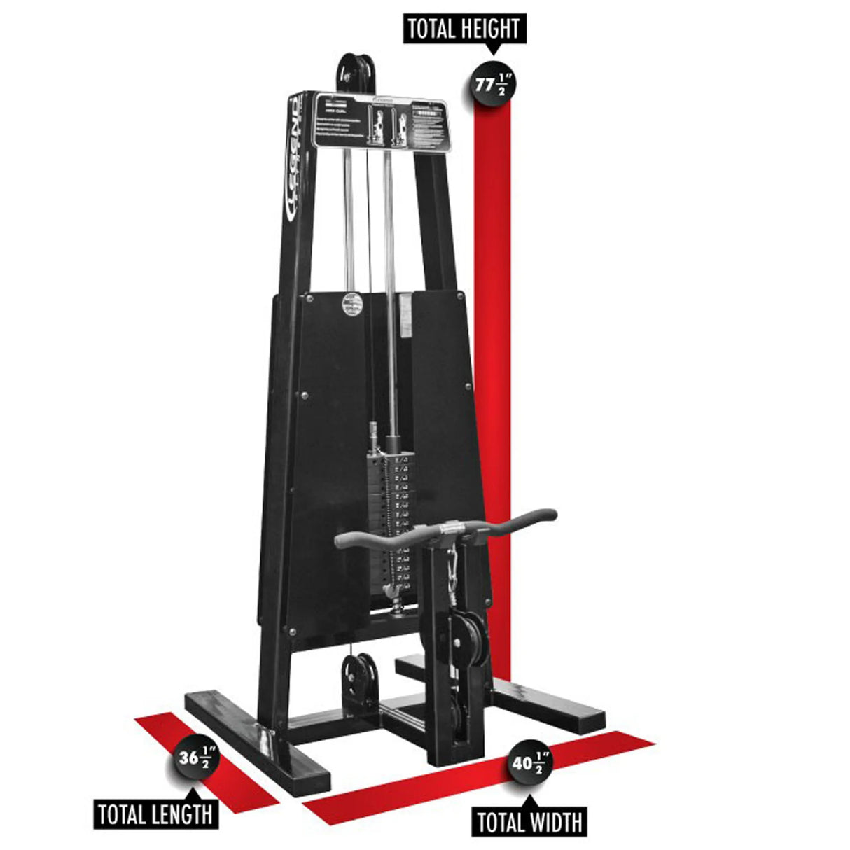 The Legend Fitness 966 Standing Bicep Machine by Legend Fitness is shown in black and silver, with labeled dimensions: 77.5" height, 40.5" width, and 36.5" length.