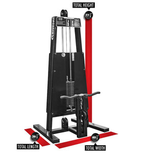 The Legend Fitness 966 Standing Bicep Machine by Legend Fitness is shown in black and silver, with labeled dimensions: 77.5" height, 40.5" width, and 36.5" length.