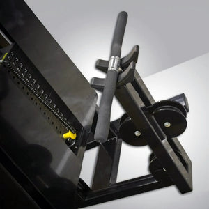 Close-up of the Legend Fitness 966 Standing Bicep Machine by Legend Fitness, showing padded handles with rubber grips, a weight stack, adjustment pin, and metal components—all designed for targeted strength training on a gray background.