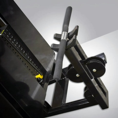 Close-up of the Legend Fitness 966 Standing Bicep Machine by Legend Fitness, showing padded handles with rubber grips, a weight stack, adjustment pin, and metal components—all designed for targeted strength training on a gray background.