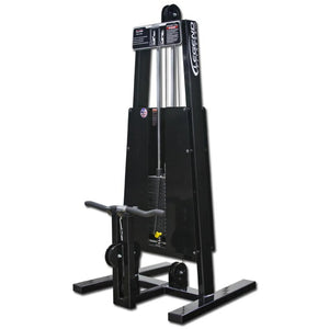 The Legend Fitness 966 Standing Bicep Machine features a sturdy metal frame, visible weight stack, padded black seat, handles, and displays Legend Fitness branding on the side.