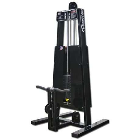 The Legend Fitness 966 Standing Bicep Machine features a sturdy metal frame, visible weight stack, padded black seat, handles, and displays Legend Fitness branding on the side.
