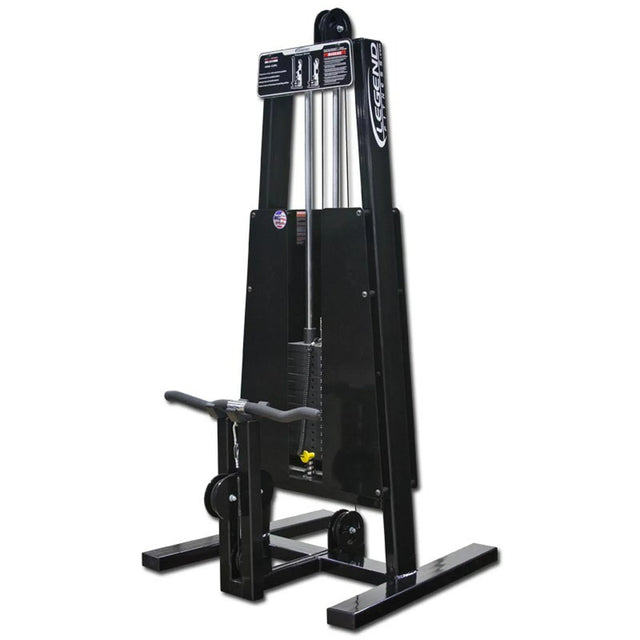 The Legend Fitness 966 Standing Bicep Machine features a sturdy metal frame, visible weight stack, padded black seat, handles, and displays Legend Fitness branding on the side.