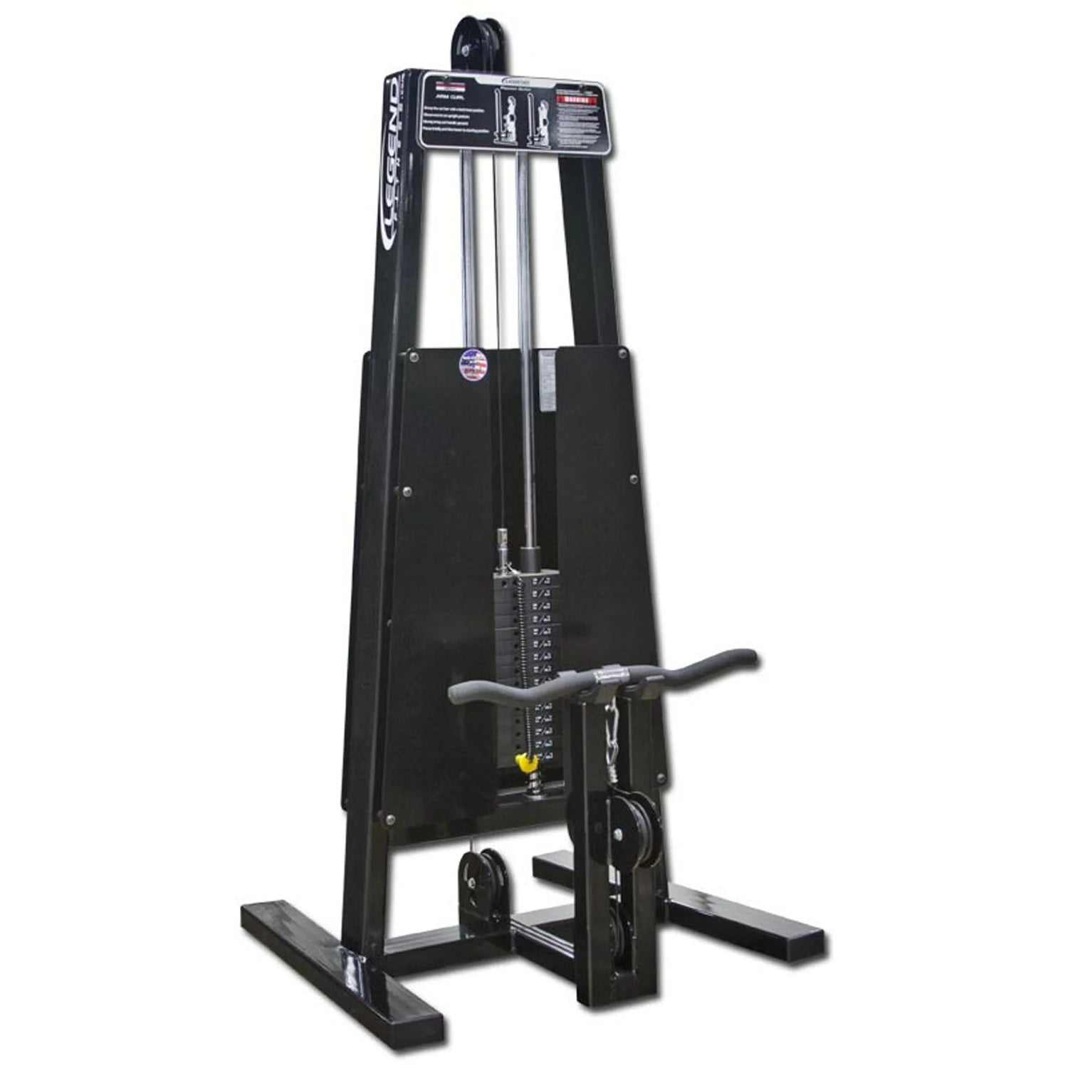 A Legend Fitness 966 Standing Bicep Machine by Legend Fitness, black with a weight stack and pulleys, designed for standing bicep workouts, shown on a white background.