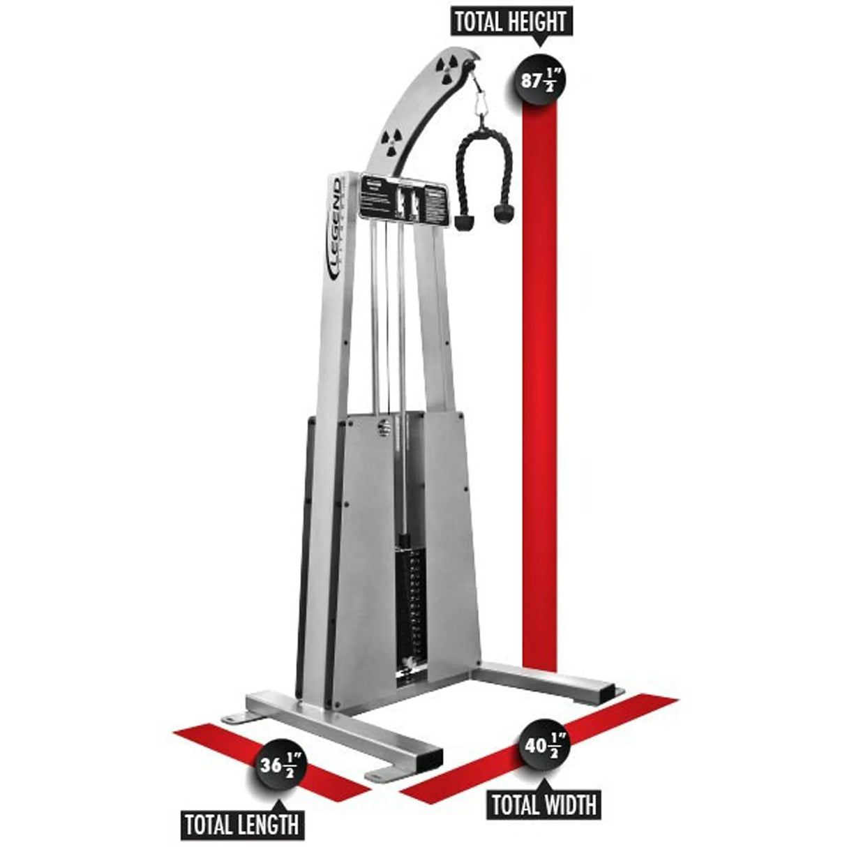 The Legend Fitness 967 Standing Tricep Machine by Legend Fitness features a rope attachment and comes in silver with black accents. Dimensions: 87.5" high, 40.5" wide, and 36.5" long.