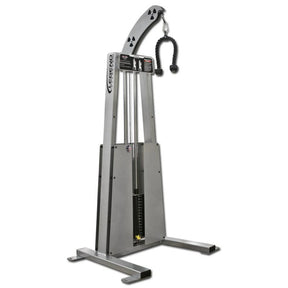 The Legend Fitness 967 Standing Tricep Machine by Legend Fitness features a silver frame, weight stack, two upright supports, curved top arm, and a black rope handle with rubber ends for effective strength training.