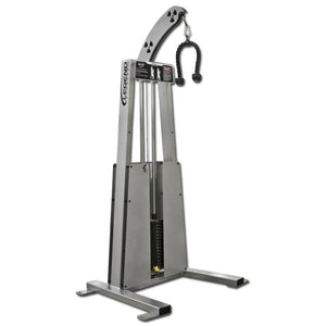 The Legend Fitness 967 Standing Tricep Machine by Legend Fitness features a silver frame, weight stack, two upright supports, curved top arm, and a black rope handle with rubber ends for effective strength training.