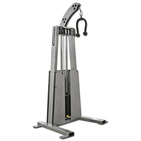 The Legend Fitness 967 Standing Tricep Machine by Legend Fitness features a silver frame, weight stack, two upright supports, curved top arm, and a black rope handle with rubber ends for effective strength training.