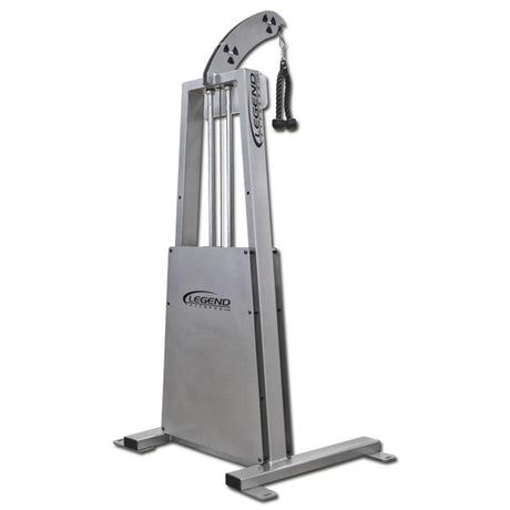 The Legend Fitness 967 Standing Tricep Machine features a metal frame, adjustable pulley, and rope attachment for strength training. The Legend Fitness logo is displayed on the front panel.