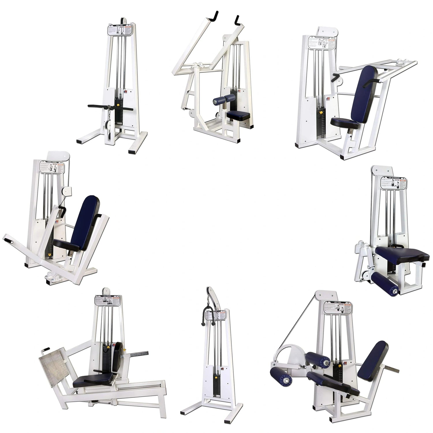 The Legend Fitness 968 Women's Circuit by Legend Fitness features eight unique white weight machines with blue seats arranged in a circle for versatile strength training, all set against a white background.