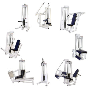 The Legend Fitness 968 Women's Circuit by Legend Fitness features eight unique white weight machines with blue seats arranged in a circle for versatile strength training, all set against a white background.