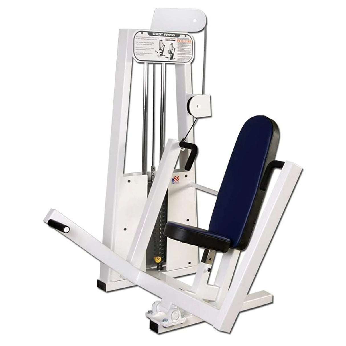 The Legend Fitness 968 Women's Circuit by Legend Fitness is a white and blue gym chest press machine featuring a padded seat, backrest, two handles, a weight stack, and an instructional placard for upper body workouts.