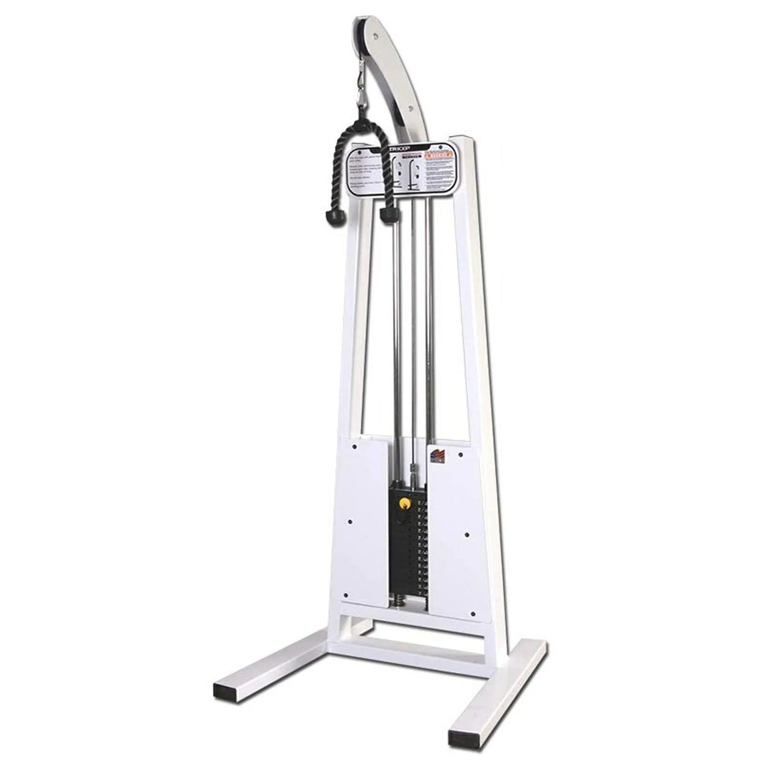 The Legend Fitness 968 Women's Circuit by Legend Fitness is a standing tricep rope pull-down machine with a white frame, weight stack, and black cable with rope handle, designed for upper body strength training in gyms.