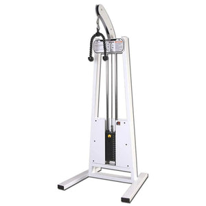 The Legend Fitness 968 Women's Circuit by Legend Fitness is a standing tricep rope pull-down machine with a white frame, weight stack, and black cable with rope handle, designed for upper body strength training in gyms.