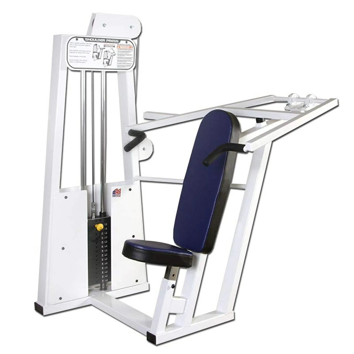The Legend Fitness 968 Women's Circuit by Legend Fitness is a shoulder press machine with a white frame, black and blue padding, padded seat and backrest, adjustable weight stack, and two horizontal padded handles on arm levers for strength training.