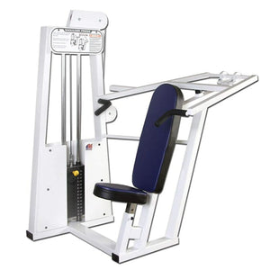 The Legend Fitness 968 Women's Circuit by Legend Fitness is a shoulder press machine with a white frame, black and blue padding, padded seat and backrest, adjustable weight stack, and two horizontal padded handles on arm levers for strength training.