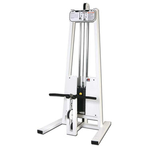 The Legend Fitness 968 Women's Circuit by Legend Fitness is a white cable machine with a weight stack, upright frame, and horizontal bar for seated rows or lat pulldowns, perfect for strength training in gyms.