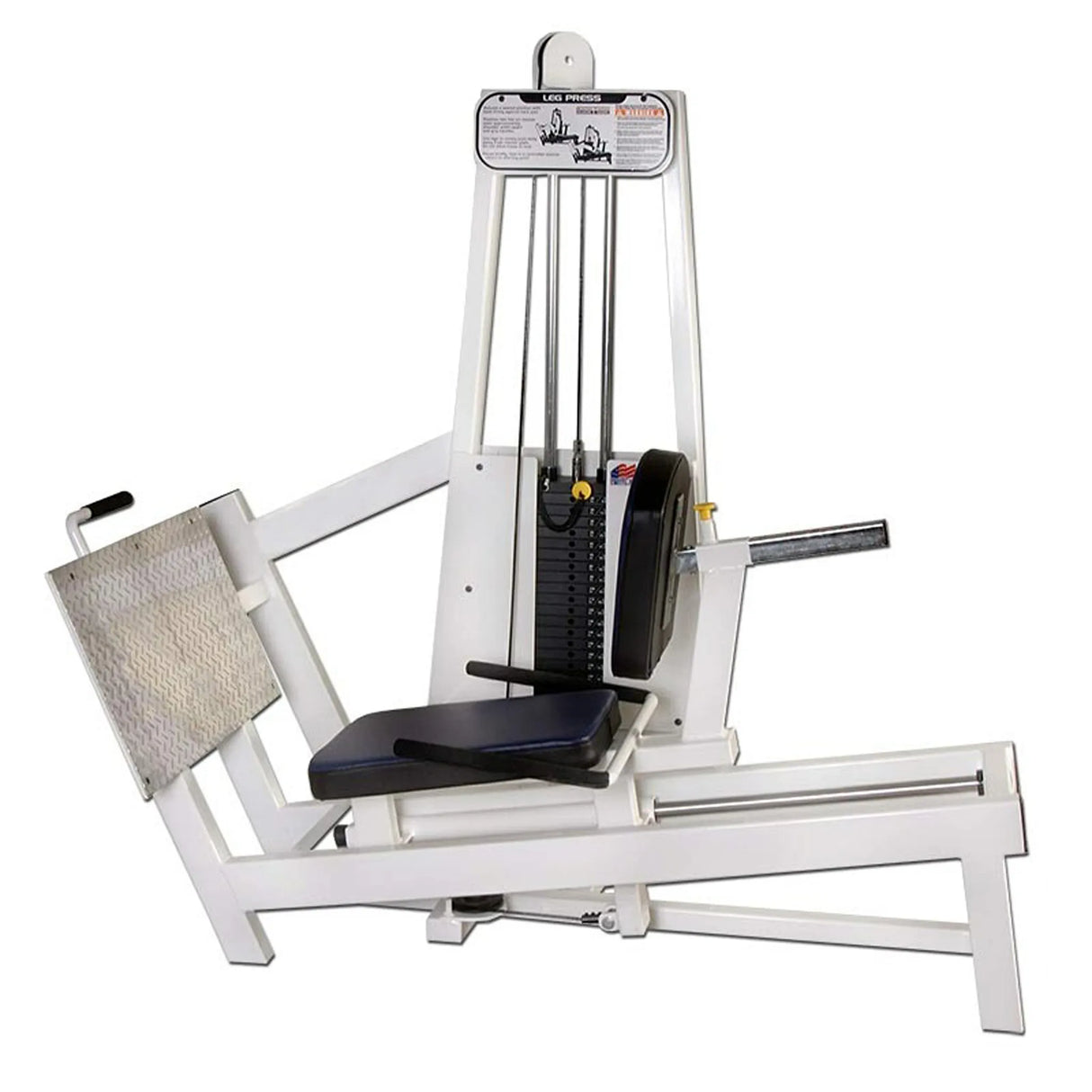 The Legend Fitness 968 Women's Circuit by Legend Fitness is a white, metal leg press machine with padded seat, backrest, footplate, weight stack, and instructional placard for lower body strength training.