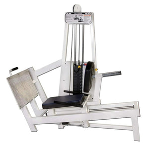 The Legend Fitness 968 Women's Circuit by Legend Fitness is a white, metal leg press machine with padded seat, backrest, footplate, weight stack, and instructional placard for lower body strength training.